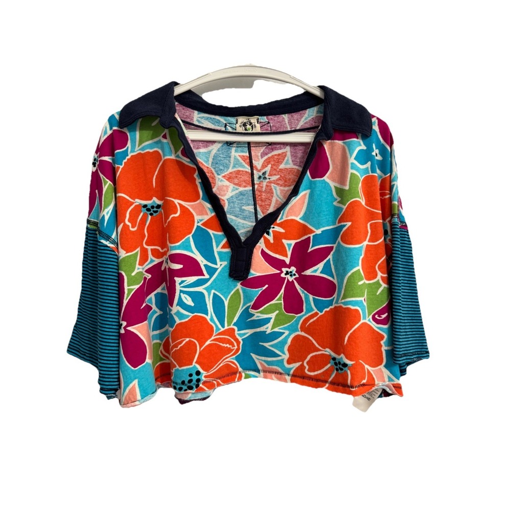 Free People Size Large Women's On A Boat Boxy Crop Polo Top Coastal Combo